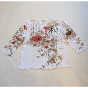Norm Thompson 3/4 Sleeve Cotton Shirt Tunic Wmn Sz 2XL Floral Asian Renaissance